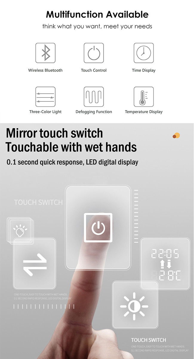 Smart LED Hotel Bathroom Vanity Mirrors Wall Mounted Frameless Defogger Dimmer