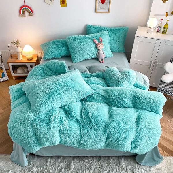 2024 Hot Blue Luxury Shaggy Warm Mink Velvet Crystal Bedding Set for Winter Bed
