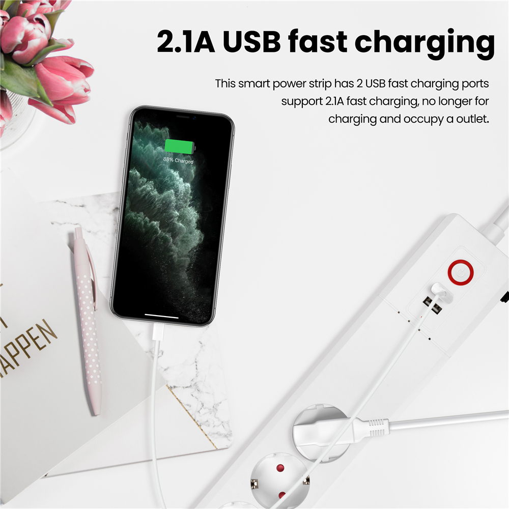 Smartlife 1.5M 2000W CE Smart Home Power Strip For European Travel