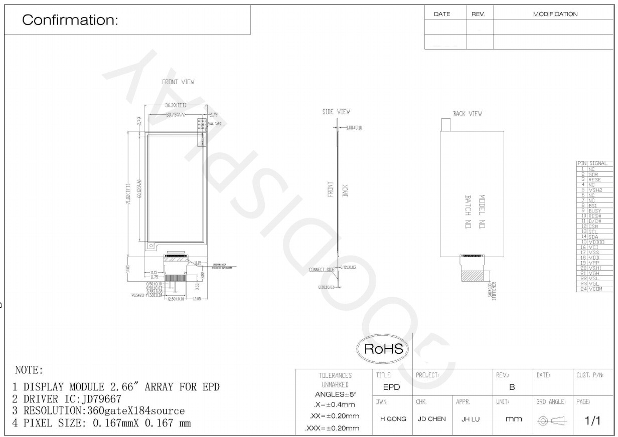 2.66'' 4 Color 360*184 JD76997 Based E-paper Display EPD Standard