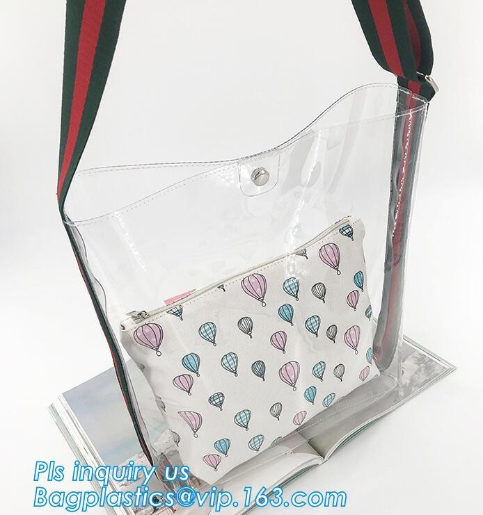 PVC Tote Shoulder Bag Gym Travel Beach shopping bags, Made in China transparent PVC shoulder bag clutch bag, packaging