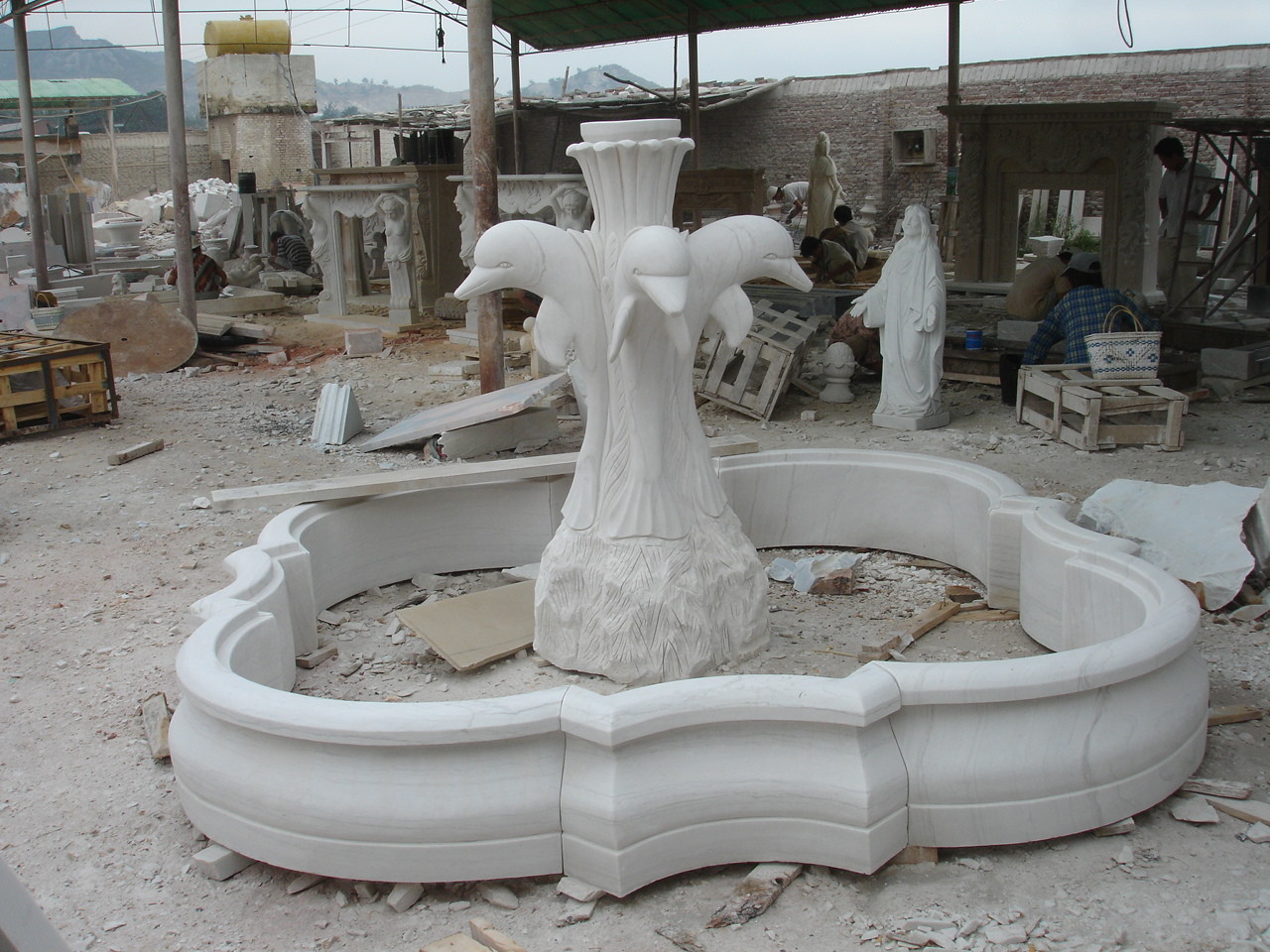 White Marble Dolphin Statue Stone Garden Fountain Pool