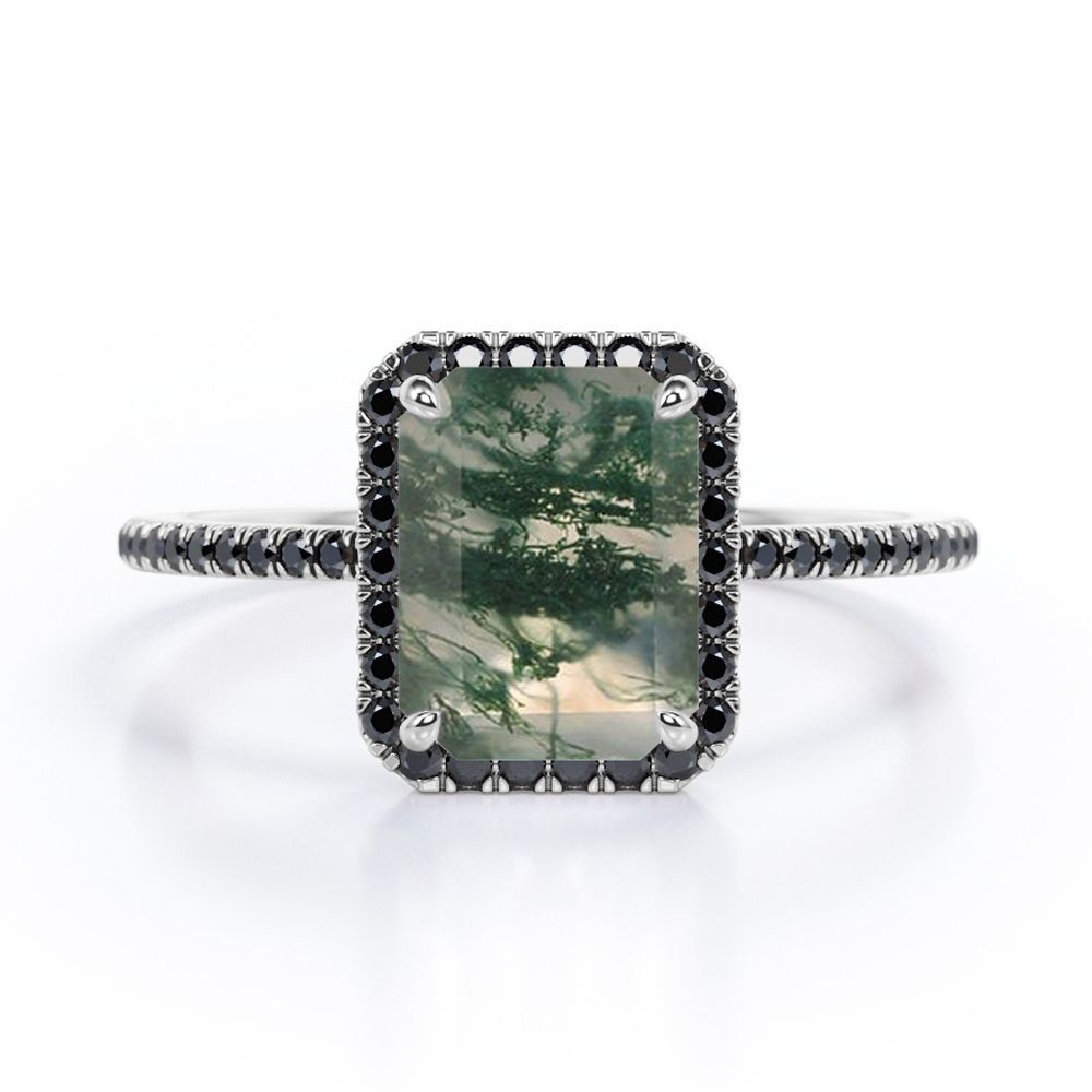 Halo-style Emerald Cut Moss Green Agate With Lab Created Engagement Ring With Pave Accents