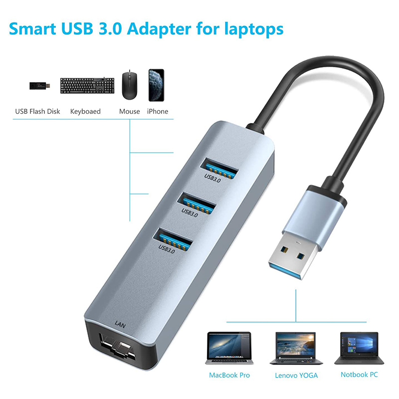 USB 3.0 to 6 Port USB Hub and 1000Mbps Ethernet Adapter for Male-Female Compatibility