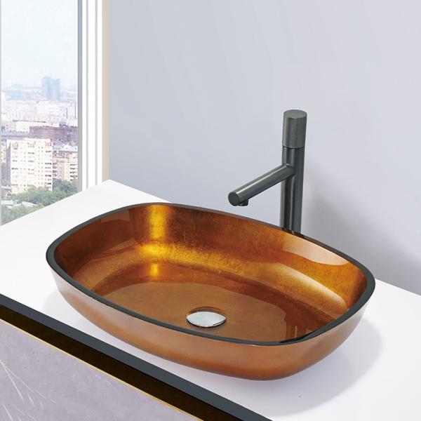 Foil Gold Tempered Glass Wash Basins Glass Bowl Melon Shape Bathroom Vessel