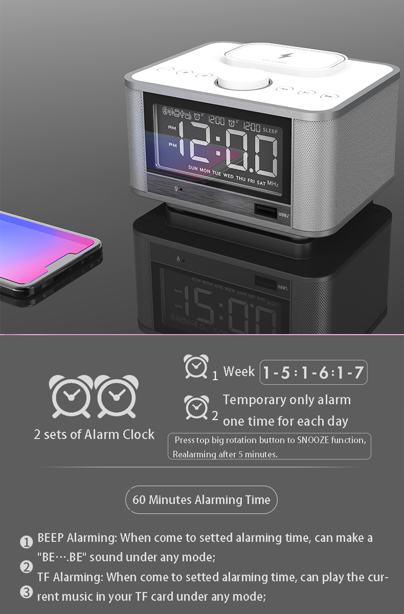 QI Charging 5W Bluetooth 4.2 Alarm Clock Speaker dock