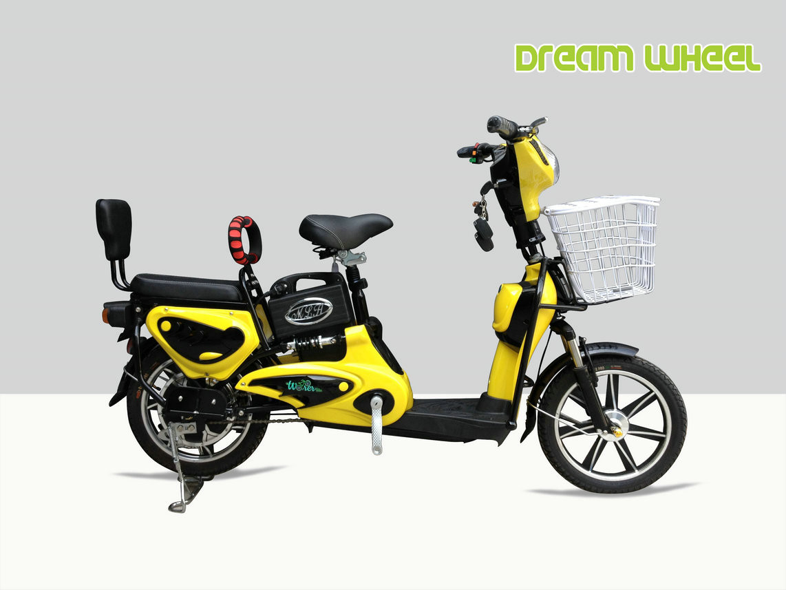 EU City Yellow Pedal Assist Electric Bike 16" Dual Seat Digital Style 25km/H