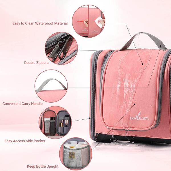 Hanging Toiletry Bag for Women,Pink Makeup Travel Bathroom Bag,Waterproof Medium