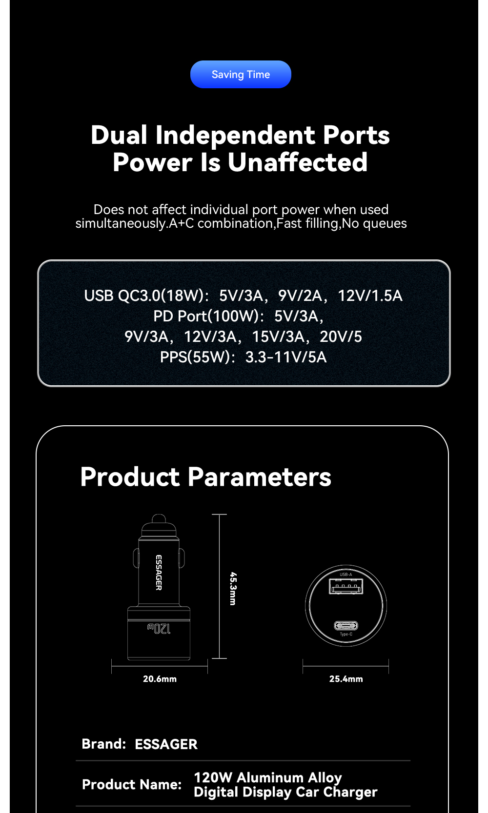 ESSAGER FSJ-009 Series 120W Cell Phone Quick Car Charger Outlet