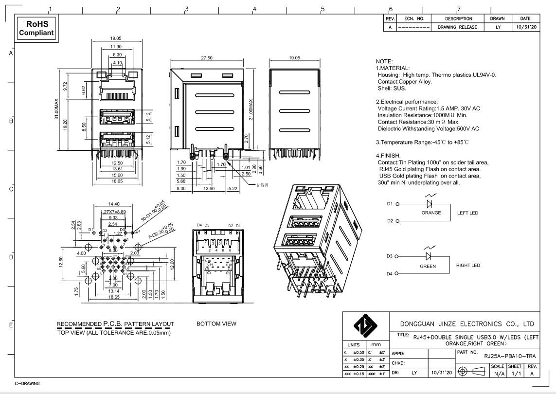 USB3.0 Dual Port Stacked Cat5 RJ45 Female Connector Socket With 10/100/1000 Base-T Transformer
