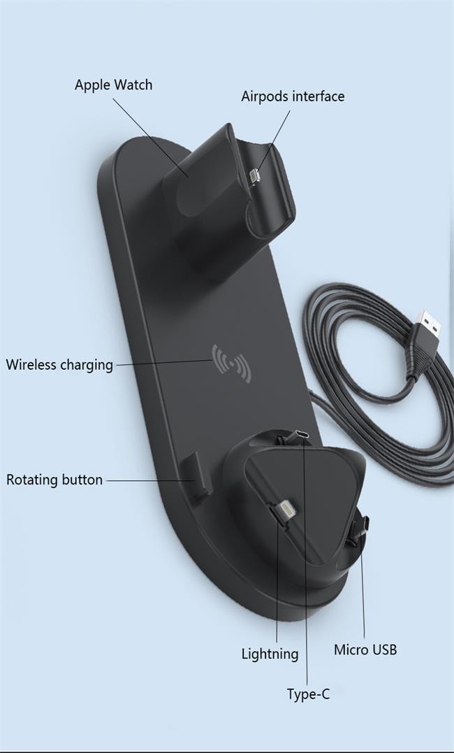 Rotating 6 In 1 Wireless Charging Station 5V 2A Multi Device Charger For Apple IPhone