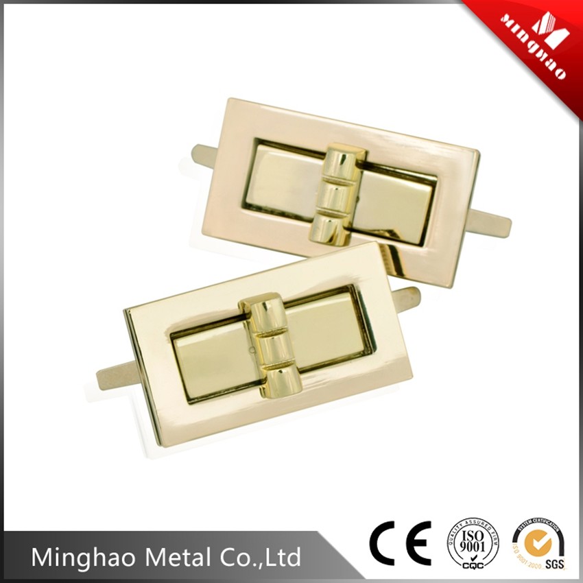 Promotion gold handbag square turn lock for bag fittings,43.8*24.18mm,light gold