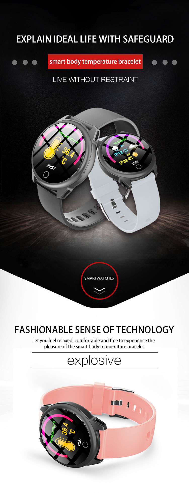 H23s Smart Watch W58 Blood Pressure Temperature Wrist Watch 1.3 TFT ExerciseHeart Raet