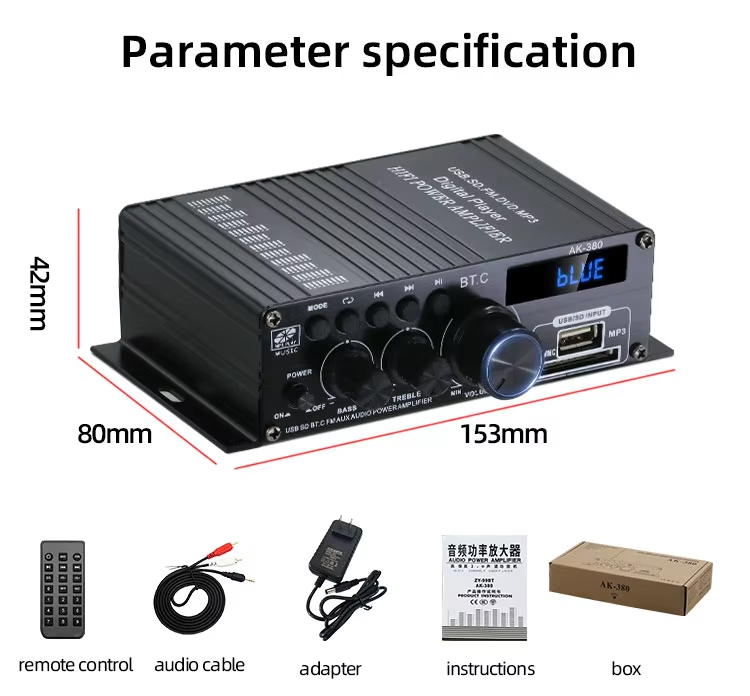 AK-380 USB SD Audio Power Amplifier 400W 2.0 CH HiFi Stereo AMP Speaker Bluetooth 5.0 Amp Receiver with Remote Control for Home