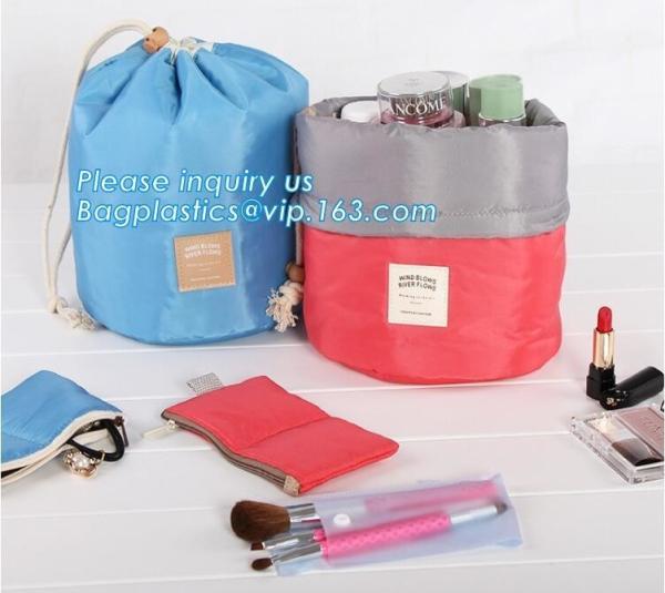 waterproof big container cylinder cosmetic make up bag with 3 mini bags,