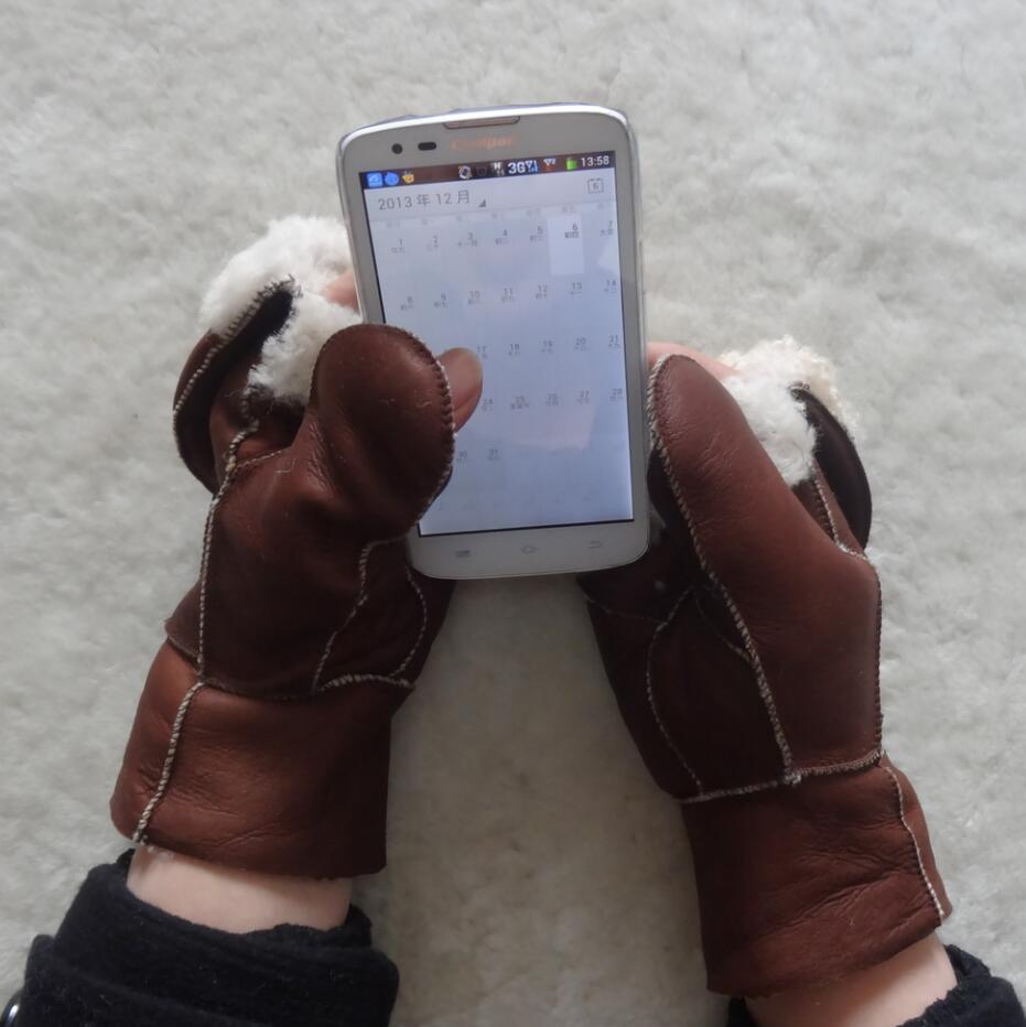 Hot selling warm mitten sheepskin leather gloves with cover in winter