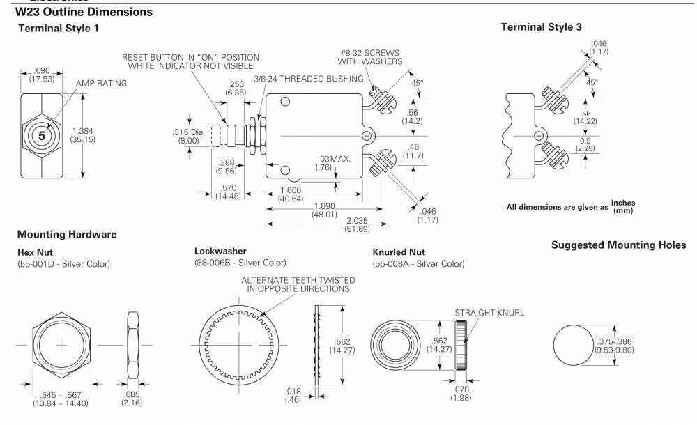 1pole 7.5A Panel Mount Thermal Circuit Breaker With Push Pull Actuator W23-X1A1G-7.5
