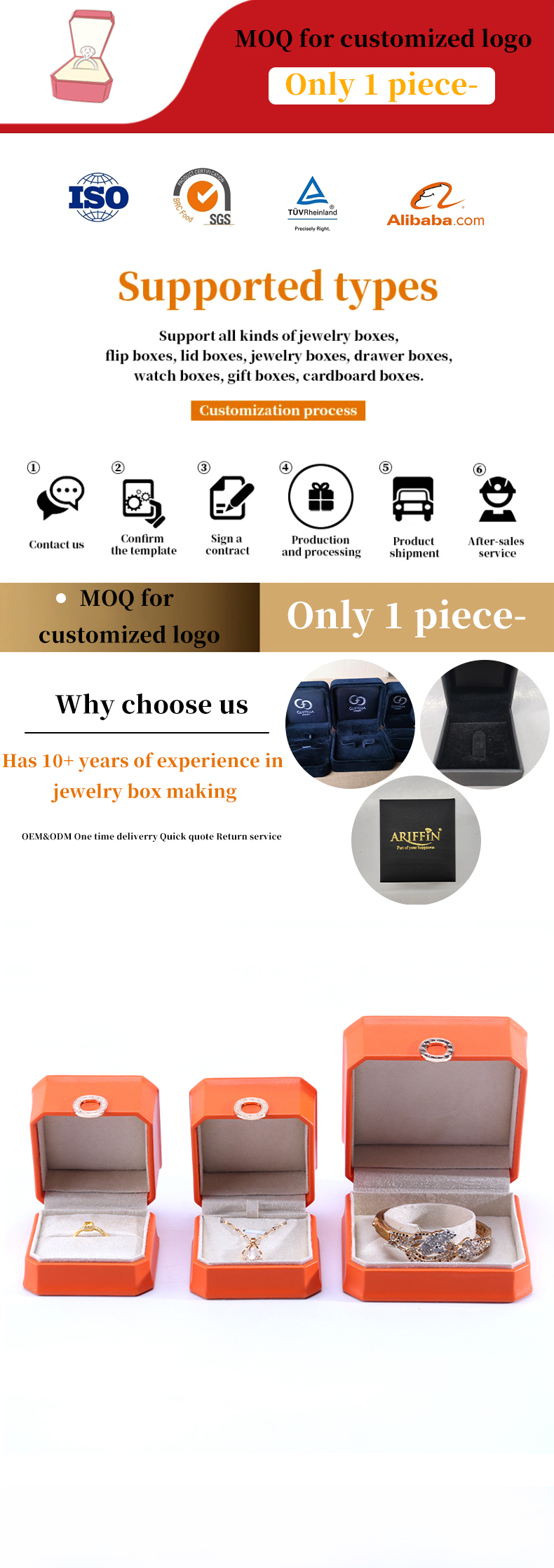 Square Orange PU Leather Jewelry Packaging Box for Necklace Bracelet and Wedding Ring