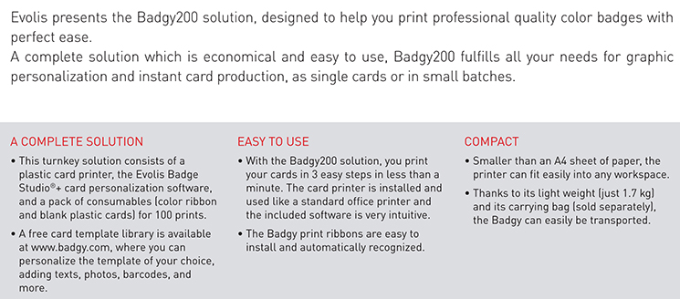 Evolis Badgy200 Smart Plastic ID IC Card Printer 25-40 Card Feeder Capacity and Design