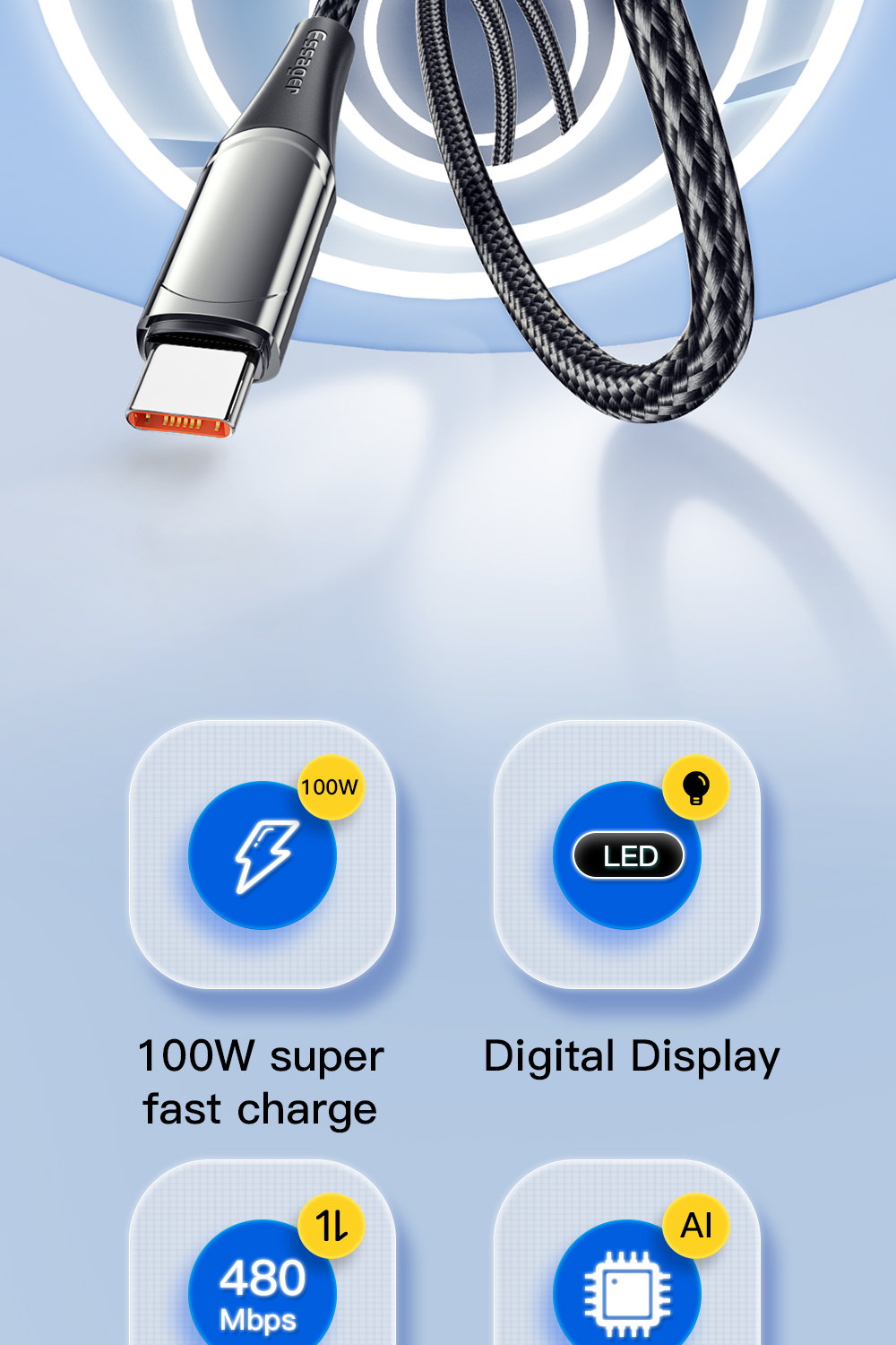 ESSAGER Digital Display PD USB C To C Charging Cable 100W 5A