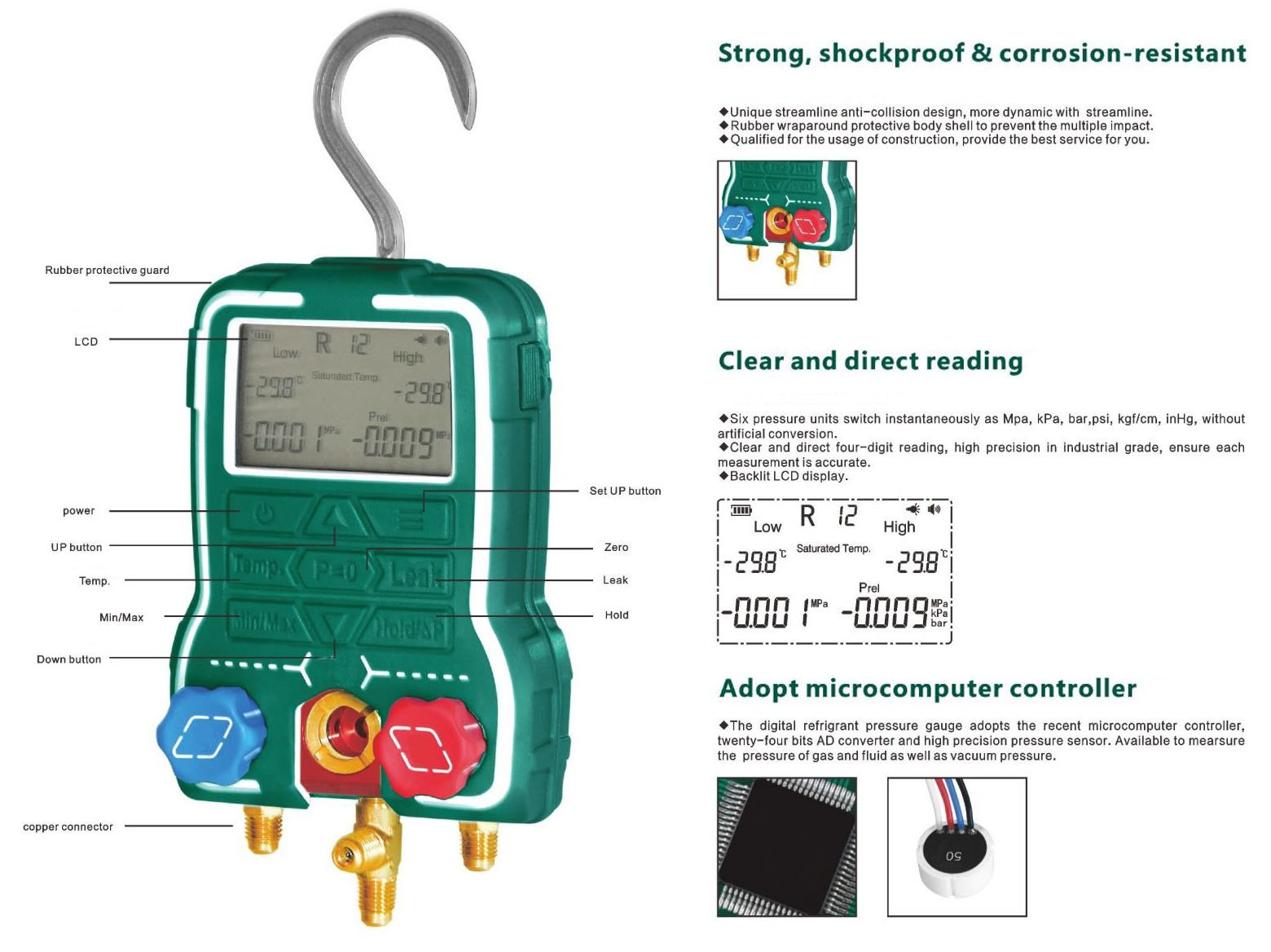 Digital Electronic Double Pressure Gauge Manifold For Refrigerant