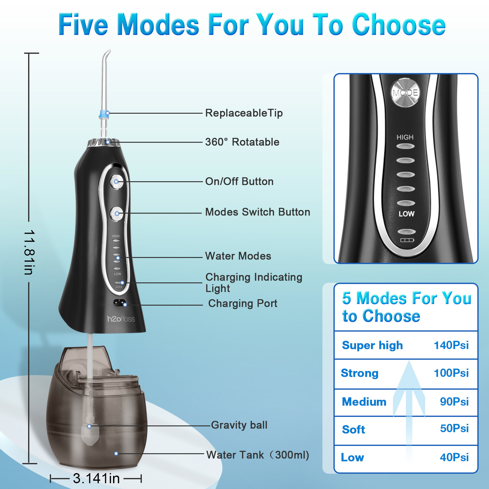 5 Work Modes Ultrasonic Water Flosser 300 Ml Water Tank With 5 Nozzle Tips