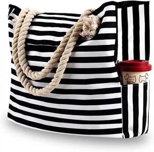  Custom Printed Waterproof Stripe Cotton Canvas Beach Bag With Grommet Rope Handle Manufactures