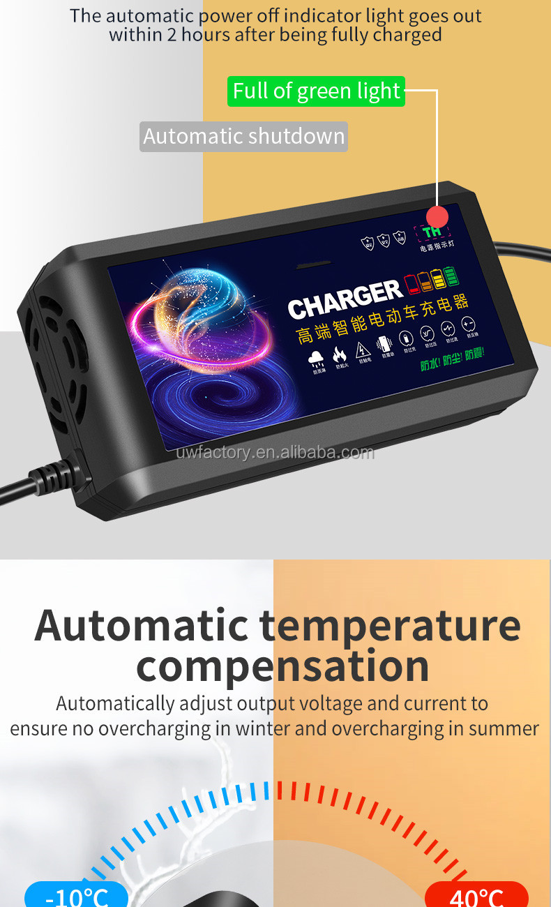 2025 Smart Electric Motorcycle 48V20AH Lead Acid Battery Charger with 93% Charging Efficiency and 12V/1.5A Output