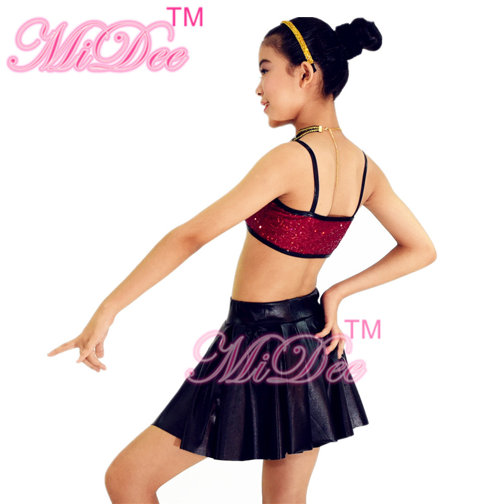 Sleeveless Jazz Tap Costumes Sequin Crop Top Sun Floral Brief Under Skirt