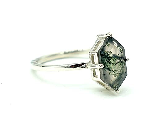Hexagon Moss Agate Ring with As Gift Engagement Women Ring