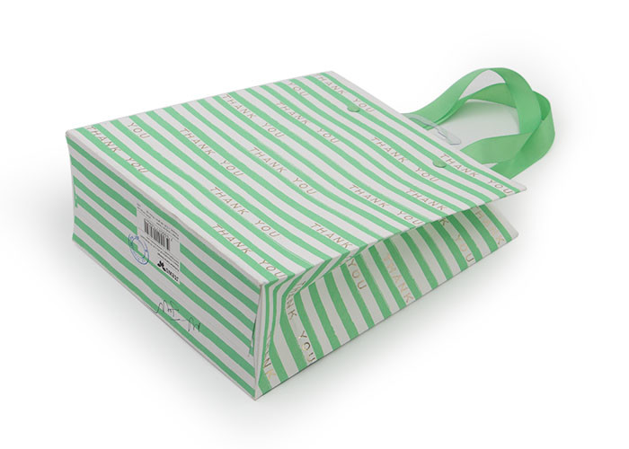 Green Eco Friendly Striped Paper Bags With Handles Glossy Lamination