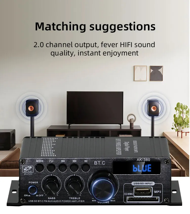 AK-380 USB SD Audio Power Amplifier 400W 2.0 CH HiFi Stereo AMP Speaker Bluetooth 5.0 Amp Receiver with Remote Control for Home