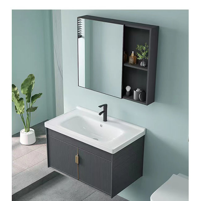 Grey Black Ceramic Wash Basin Cabinet Set Aluminium Mirrored Bathroom Cabinet Vanity