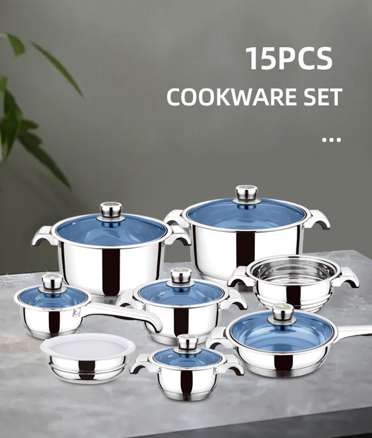 OEM/ODM Different Piece Non Stick Cookware Set Custom Pots And Pans Wholesale 15pcs Stainless Steel Cooking Pot Set