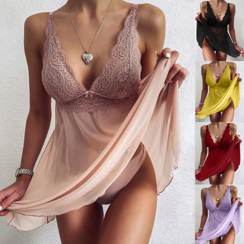 Elegant Underwear Erotic V-Neck Lace Pajamas Sexy Transparent Lace Mesh Lingerie
