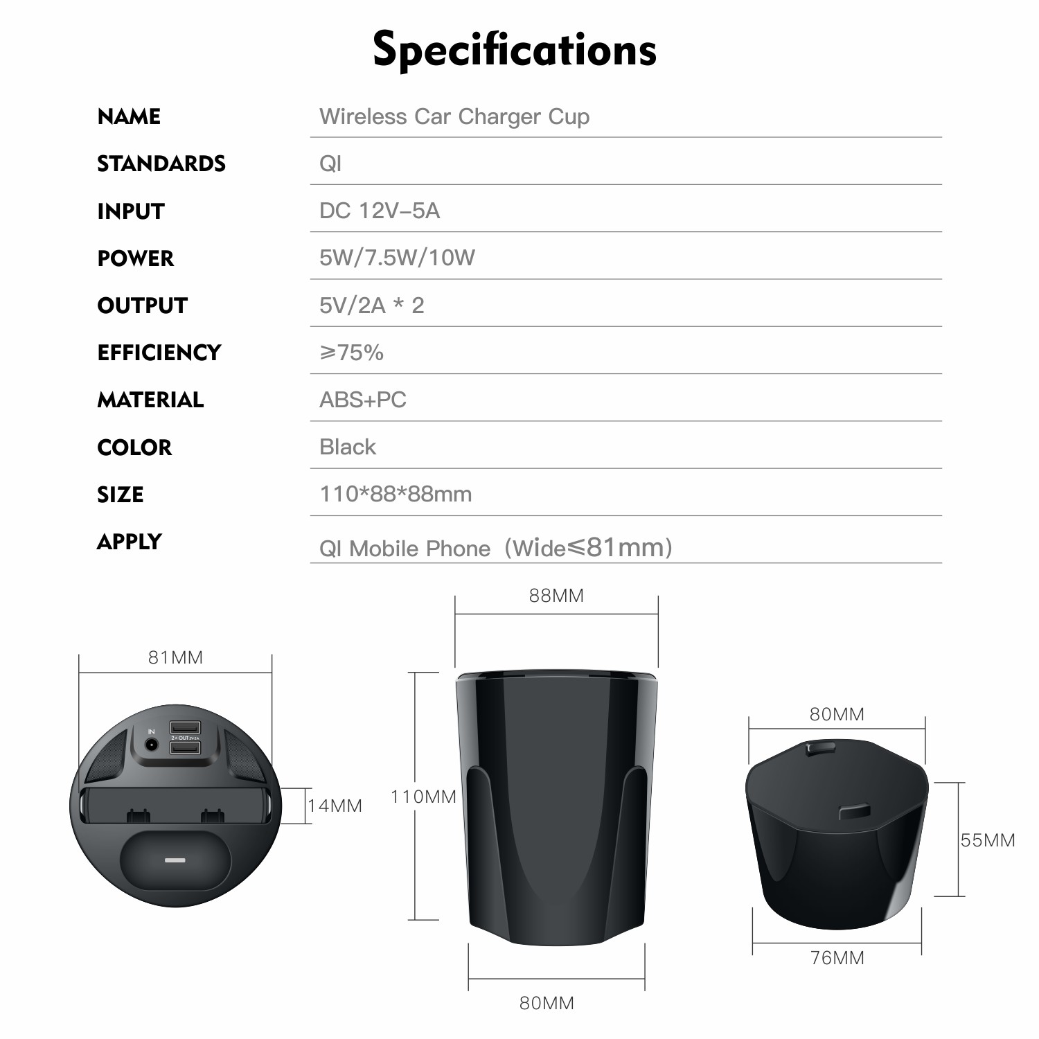 10W Car Wireless Charging with Power Protection and 5V/2A Output