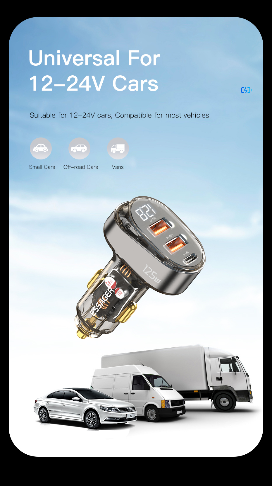 Essager 2022 Transparent Official Store Digital Display 125W Fast Car Charging 2 USB 1 Type C Port Car Charger