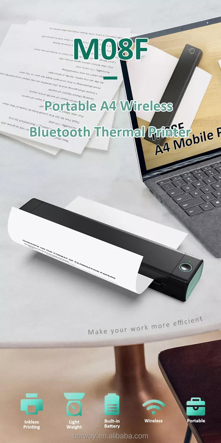 M08F A4 Size Mini Wireless Thermal Printer Mobile With Blue Tooth