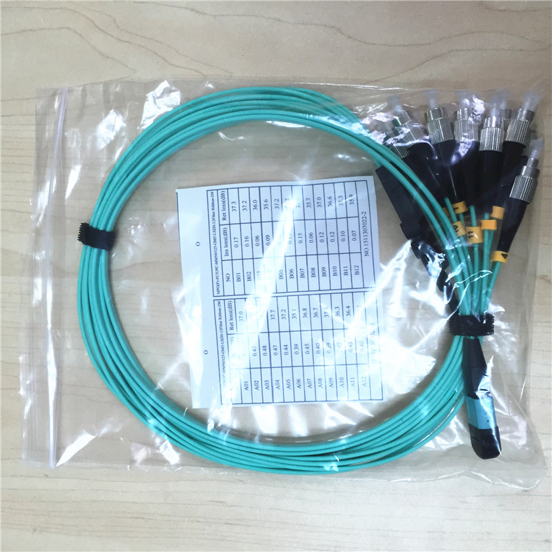 OM3 MPO To 12 FC Pigtail Patch Cord Fiber Optic Jumper Connectors