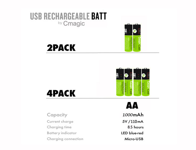 Micro USB Port Charging USB AA Battery 1000mAh 1.2V NiMh Material Customized Color