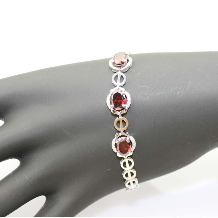 7x9mm Oval Created Garnet and Clear Cubic Zircon 925 Silver Chain Bracelet (H05)