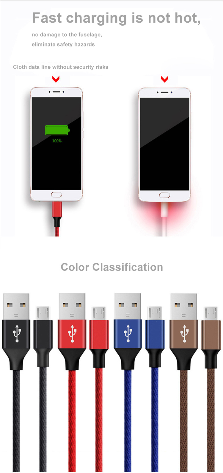 Original Black Micro USB Data Cable 6Ft Long Nylon Braided For Mobile Phone MP3