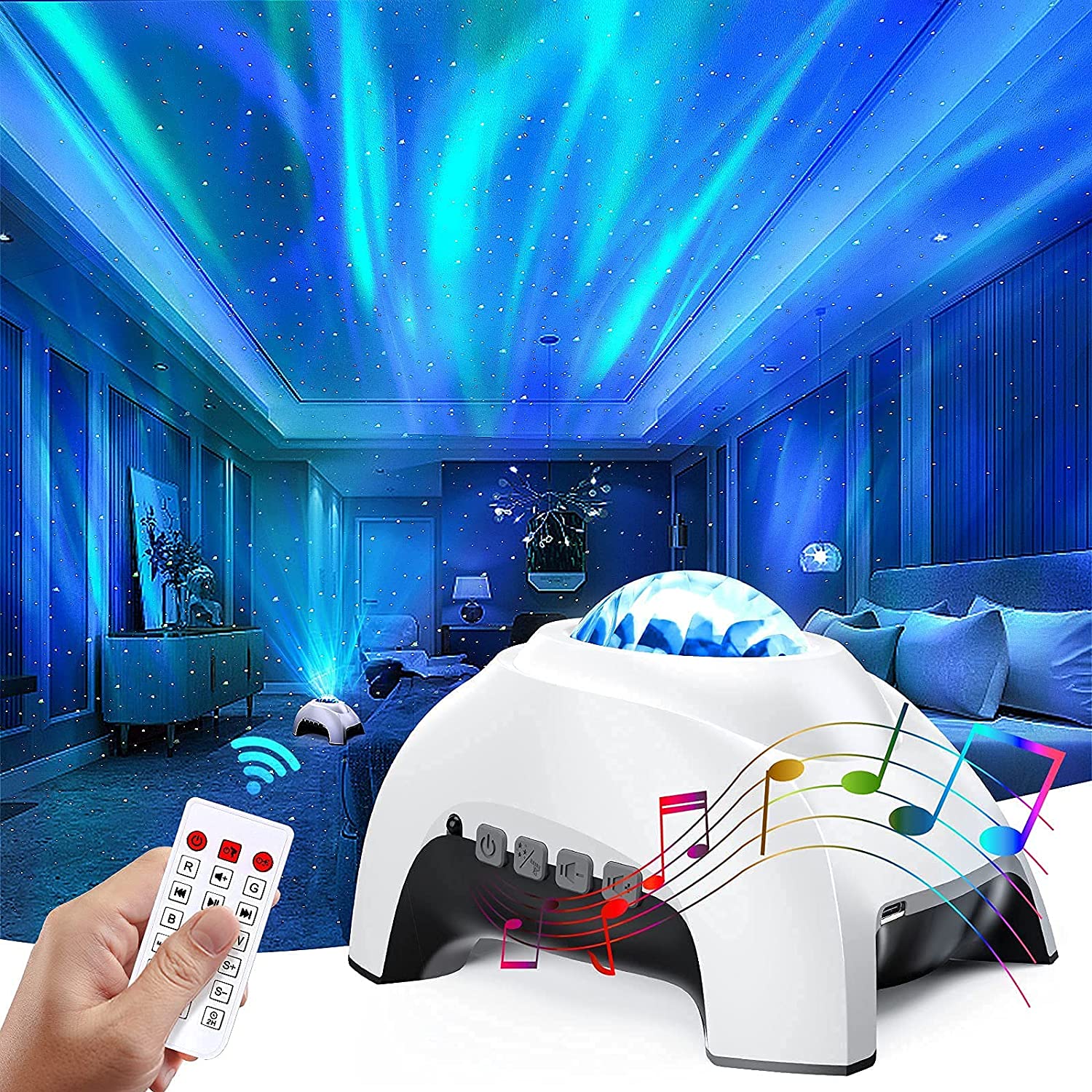 Aurora Projector Star Night Lights Northern lights Galaxy Projector for Bedroom Kids Gift with Wireless Speaker & White