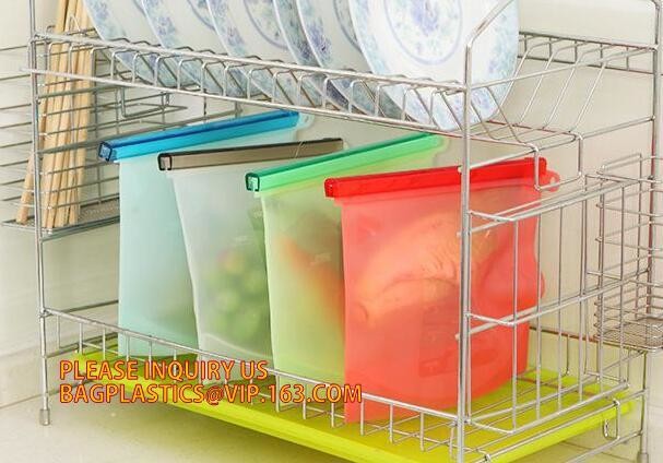 Storage preservation reusable silicone food bag,FDA reusable silicone storage food bag with Zip lockk in microwave bagease