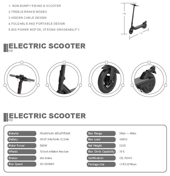 H8 Non Bumpy Riding Electric Scooter Max Speed 25km/h