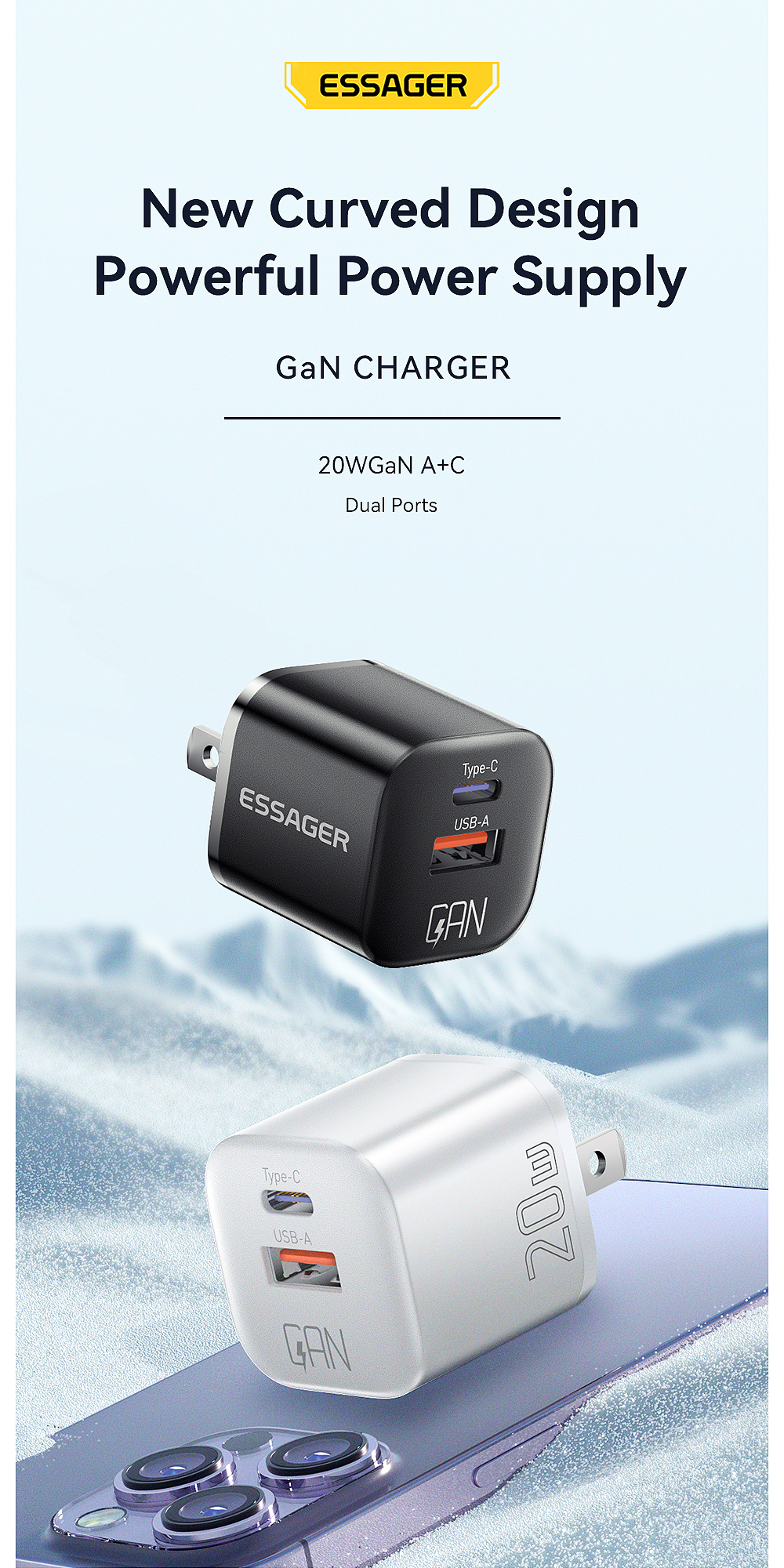 PD3.0 QC3.0 GaN Chargers USB A Type C USB C Phone Charger 20W ES-CD31 Series