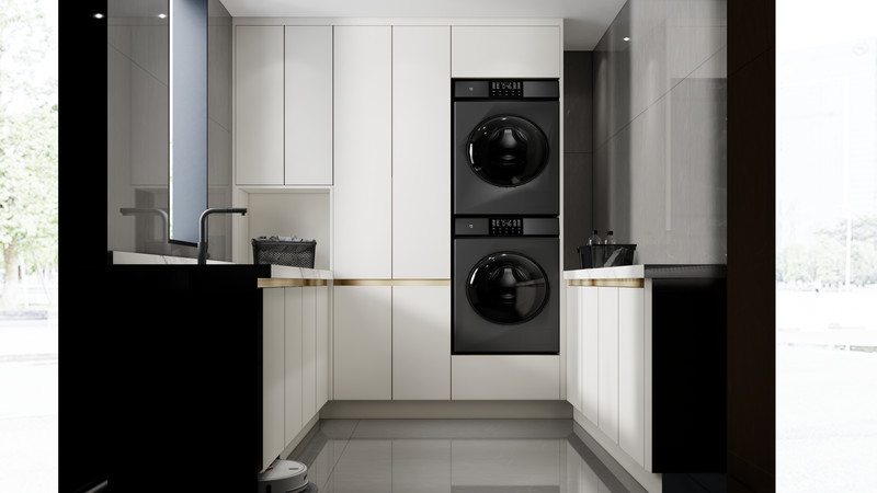 Modern Clean U-Shaped Custom Made Laundry Cabinets With White Paneling And Gold Accents