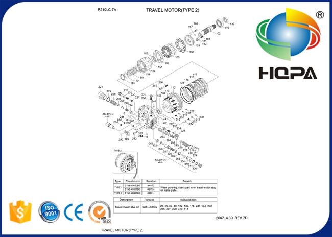 XKAH-01054 XKAH01054 Travel Motor Seal Kit for Hyundai R220LC-7H R210LC-7A