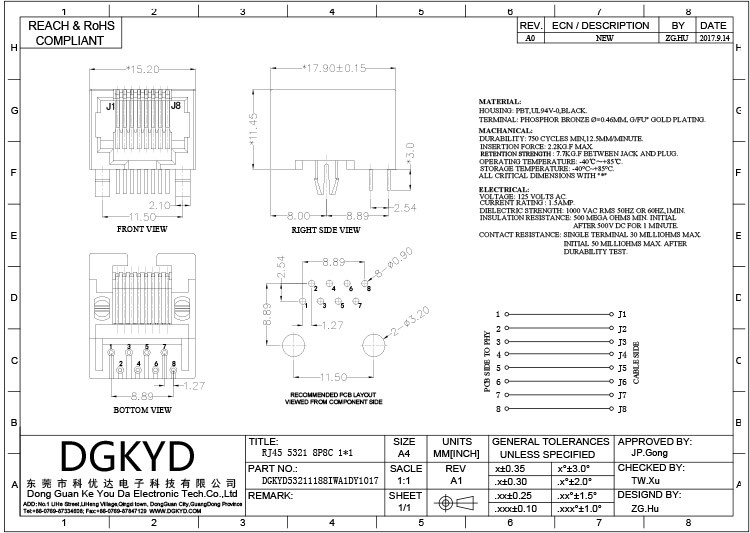 DGKYD53211188IWA1DY1017 Empty Package RJ45 Connector 8P8C All Plastic 1X1 Interface Without LED Without Shield