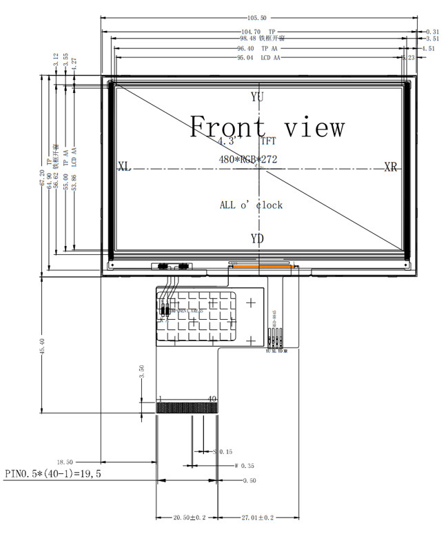 480x272 LCD TFT 4.3 Inch 40 PINS IPS Full Viewing Angle RGB Interface